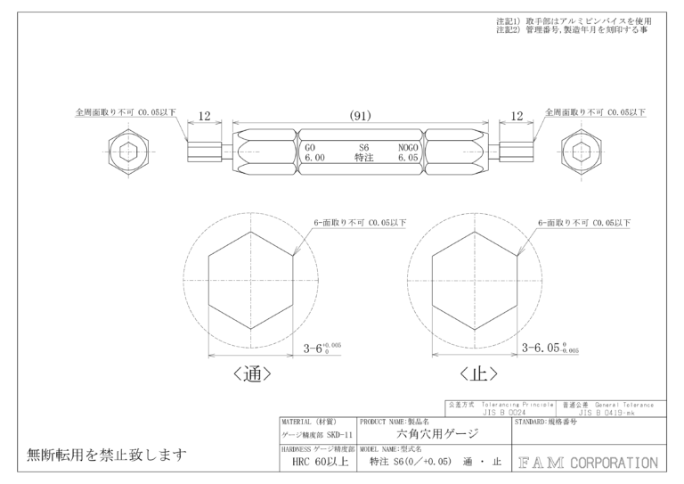 全周面取り不可の六角穴用ゲージ(管理№15990)